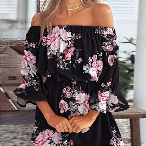 Chicme Floral Print Off Shoulder Bell Sleeve Casual Dress